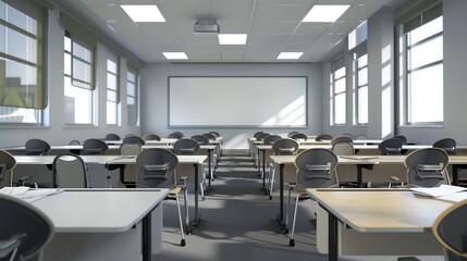 Classroom with modern desks, ergonomic chairs, and a whiteboard at the front