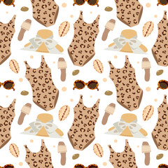 vector seamless beach pattern with the image of a suitcase, sunglasses, beach bag, wide-brimmed hat, starfish flat cartoon style .