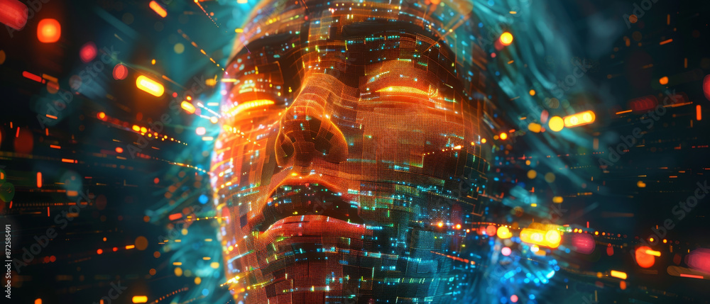 Poster vibrant mosaic human face surrounded by glowing data streams created from digital pixels.