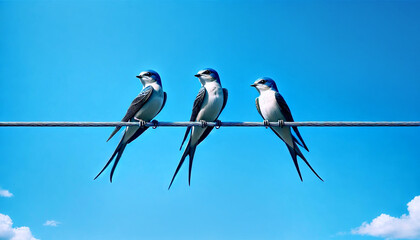 Three little swallows are standing on an electric cable against a clear blue sky