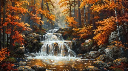 Fototapeta premium A picturesque waterfall cascades through an autumn forest, surrounded by vibrant fall foliage. The river waterfall flows gracefully, creating a serene autumn forest landscape.