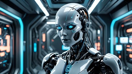 Futuristic female robot with glowing blue eyes in a sci-fi corridor.