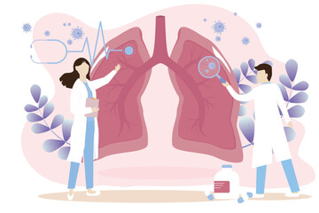 Pulmonology concept. The doctor checked his lungs and found coronavirus particle. Tuberculosis, pneumonia, lung cancer treatment or diagnostic. Medical concept.
Vector illustration.