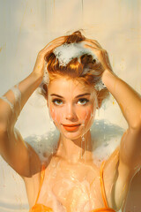 A vibrant vintage-style poster of a cheerful young woman shampooing her hair, with foam and bubbles cascading down