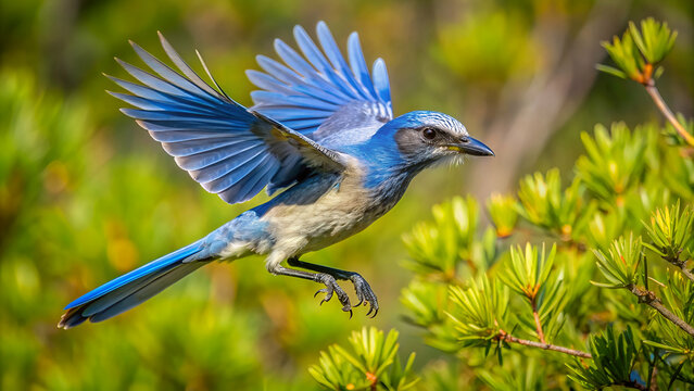 Florida Scrub Jay, aphelocoma coerulescens, endangered specie, in flight