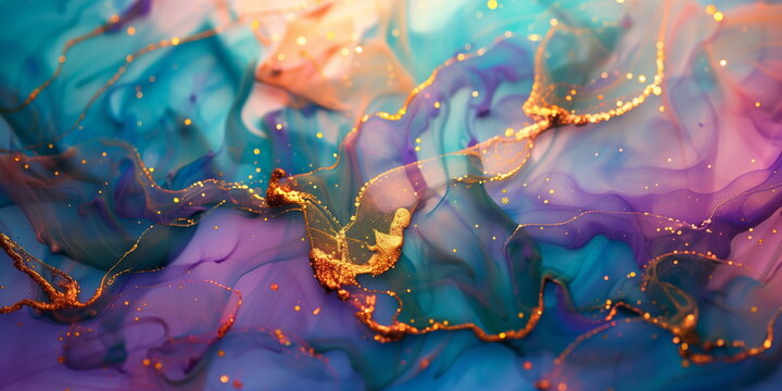 Marbling eruptive cloud flow of depth in ink colors with gold edgings in 3D.

