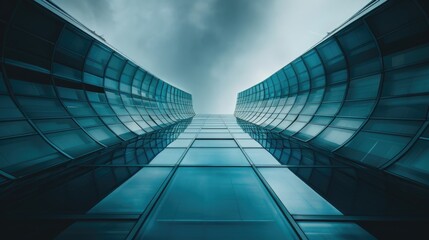 Low angle view of futuristic architecture, Skyscraper of office building with curve glass window