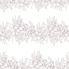 Jasmine flower and palm leaves line art seamless pattern for textile, scrapbook or wallpaper. Delicate tropical flower striped, vector background