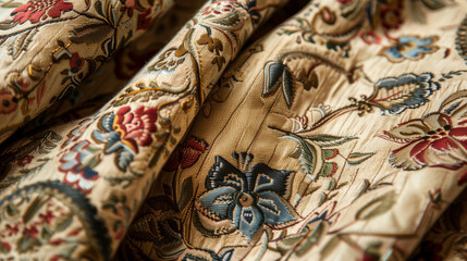 Renaissance Italian color pattern embroidered onto fabric.