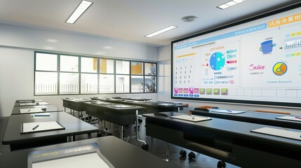 Contemporary classroom design with sleek black desks and a large interactive whiteboard