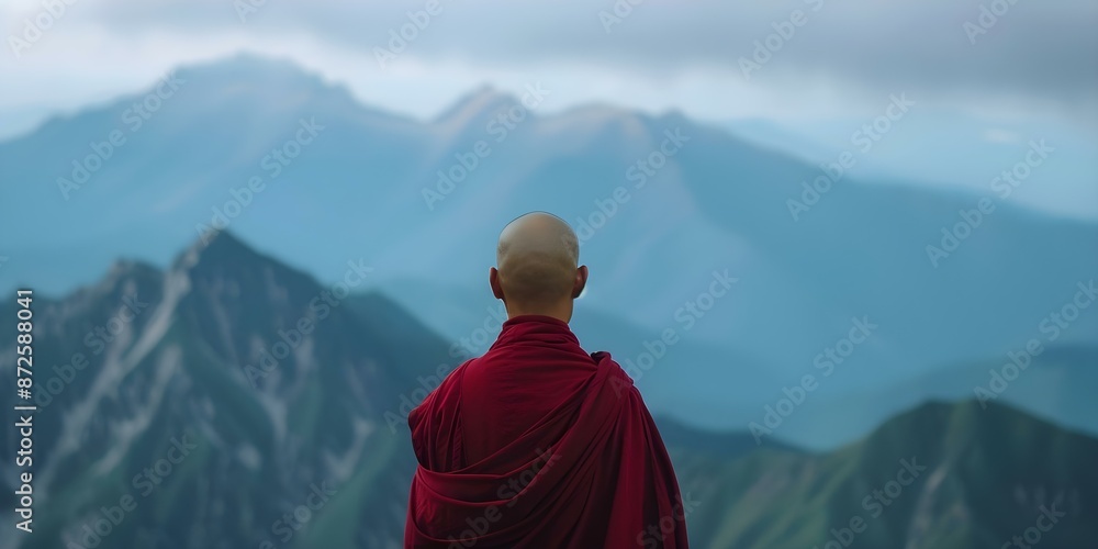 Poster tibetan monk harnesses mountain backdrop to advance neural network technology. concept artificial in