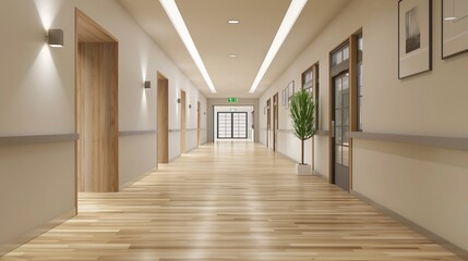 Contemporary high school corridor with light wooden floors and minimalist decor