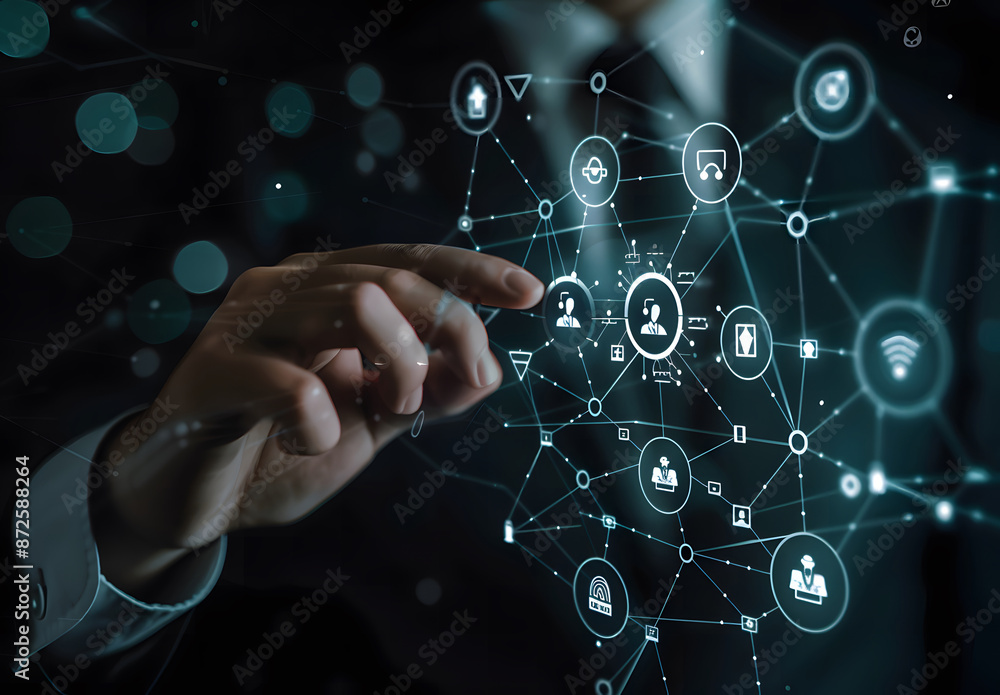 Poster erp is an enterprise resource planning concept. connections between business intelligence, hr, and c