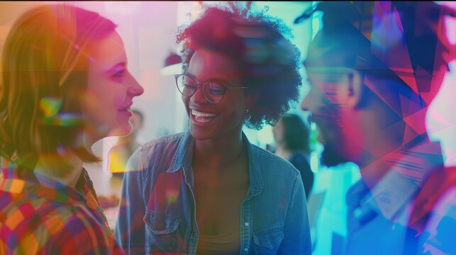 LGBTQ+ worker laughing with coworkers, casual discussion, selective focus, friendship theme, whimsical, Double exposure, break room backdrop