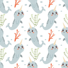 Seamless pattern with narwhals. Vector illustration in flat cartoon style, colorful character on white for fabric , paper print.