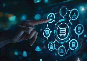 ERP is an enterprise resource planning concept. Connections between business intelligence, HR, and CRM modules. Businessman analyzing ERP system on virtual screen design