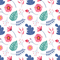 Floral Seamless Pattern Design Illustration with Blooming Branches and Leaf Flower in Hand-Drawn Cartoon Style Template