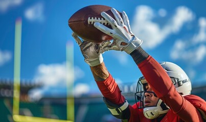 A football player's hands catching the ball mid-air, with the field and goalposts in the background