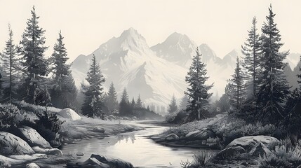Engraving-style mountain landscape with pine trees and a flowing river, ideal for natural backgrounds.