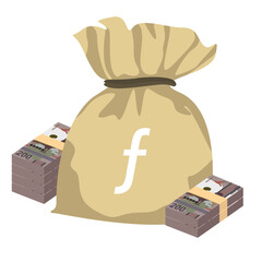 Aruban Florin Vector Illustration. Aruba, Netherlands money set bundle banknotes. Money bag 200 AWG. Flat style. Isolated on white background. Simple minimal design.