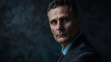 Fototapeta premium Create an intense portrait of a lawyer in a suit, their expression firm and authoritative, with a dark background that underscores their role in seeking justice and truth.