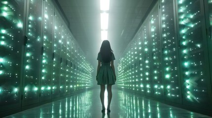 A woman stands in a long, narrow room with many green lights