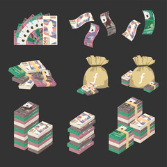 Aruban Florin Vector Illustration. Huge packs of Aruba, Netherland money set bundle banknotes. Bundle with cash bills. Deposit, wealth, accumulation. Falling money 50, 100, 200, 500 AWG