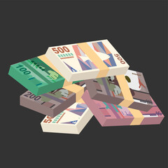 Aruban Florin Vector Illustration. Aruba, Netherlands money set bundle banknotes. Paper money 50, 100, 200, 500 AWG. Flat style. Isolated on white background. Simple minimal design.