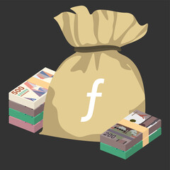 Aruban Florin Vector Illustration. Aruba, Netherlands money set bundle banknotes. Money bag 50, 100, 200, 500 AWG. Flat style. Isolated on white background. Simple minimal design.