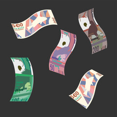 Aruban Florin Vector Illustration. Aruba, Netherlands money set bundle banknotes. Falling, flying money 50, 100, 200, 500 AWG. Flat style. Isolated on white background. Simple minimal design.