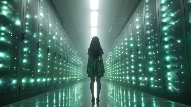 A woman stands in a long, narrow room with many green lights