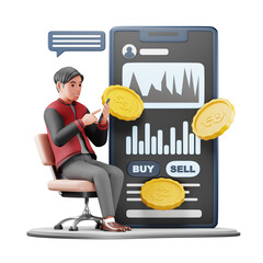 3D Character Investing in Stock Using Mobile App. Modern Cartoon Illustration for Finance and Investment Design