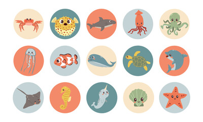 Cute vector sea animals icons in color circles for stickers and icons for children designs .Flat cartoon style , ocean , see animals for social media , book or other design.