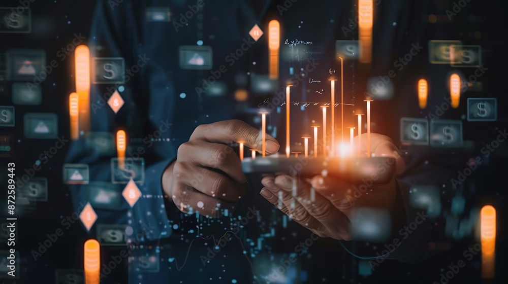 Poster Futuristic businessman using smartphone with glowing digital interface showing financial data and graphs representing growth and success in modern technology and digital transformation.