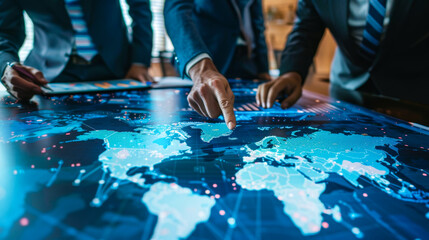 Business Strategy Meeting with Digital Map. Close-up of business professionals analyzing a digital world map on a large interactive screen during a strategy meeting.