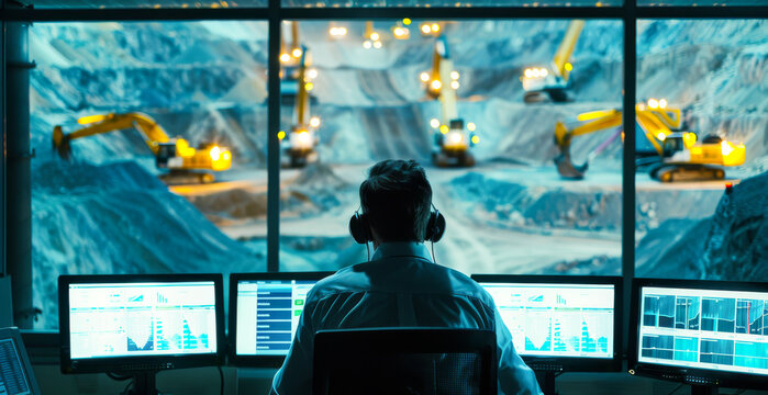 Control Room Overlooking Quarry Operations. A control room with multiple monitors displays real-time data while overlooking active quarry operations with heavy machinery. - Powered by Adobe