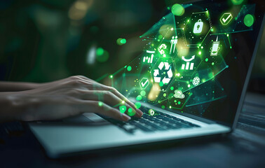 ESG environmental, social, and governance. A person using a laptop with an ESG icon on the virtual screen for a sustainable environment concept design