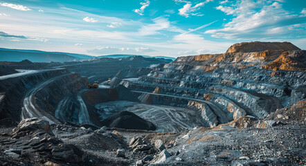 Stark image of desolate mining landscape. A stark, desolate mining landscape with terraced excavations under bright blue sky. Rugged terrain and industrial setting highlight scale and impact of mining