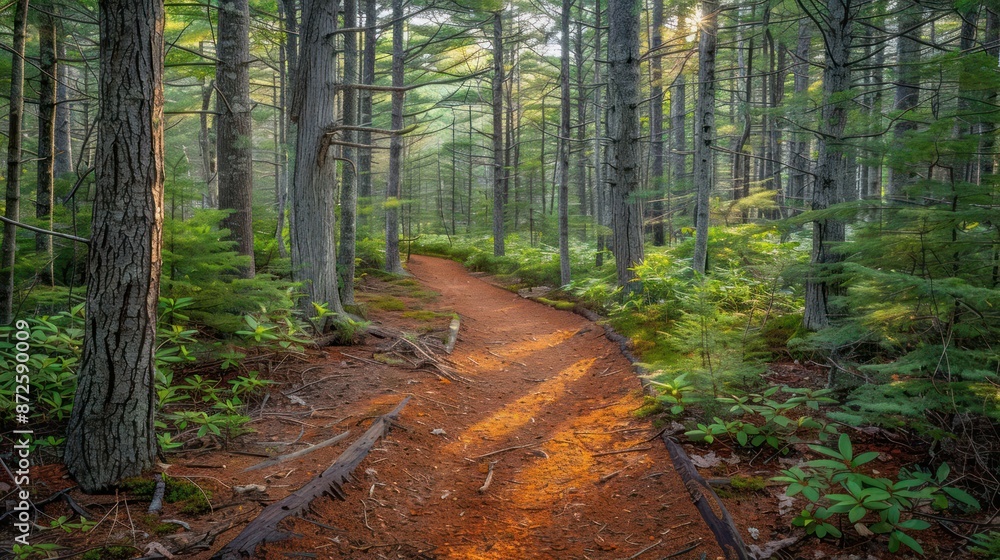 Poster a path through a forest with trees and a sun shining on it