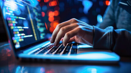 White-hat hacker preventing cyber attacks. A white-hat hacker working on a laptop to prevent cyber attacks, with code displayed on the screen and a background of colorful data streams.