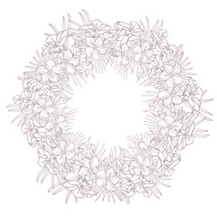 Jasmine flower and palm leaves line art circle frame for card, invite, scrapbook or wallpaper. Delicate tropical flower wreath, vector background