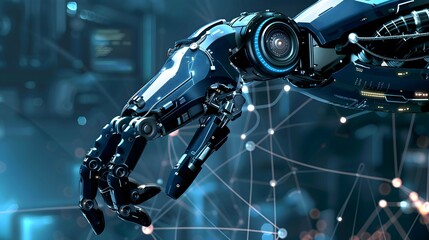 Fototapeta premium Futuristic robot hand on digital background, smart machine control process, mechanical arm with AI technology. Concept of future, banner, art, science, tech