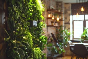 Fototapeta premium AI technology managing a vertical garden in a small home, automated watering and lighting, lush green plants, cozy indoor setting, modern and efficient use of space 