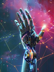 Futuristic robot hand on digital background, smart machine control process, mechanical arm with AI technology. Concept of future, banner, art, science, tech