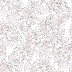 Jasmine flower and palm leaves line art seamless pattern for textile, scrapbook or wallpaper. Delicate tropical flower, vector background