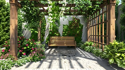 Obraz premium Landscaped design of beautiful home garden in summer, arbor or pergola overgrown by plants at back yard. Concept of backyard landscaping, outdoor, 