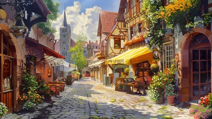 Obraz premium Create an oil painting of a historic European street, with cobblestone pathways, charming cafes, and vibrant market stalls under a sunny sky.