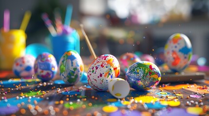 3D render of Kids decorating Easter eggs with bright paints and glitter., Photo stock style, clean background, no copyrighted logo, no letters