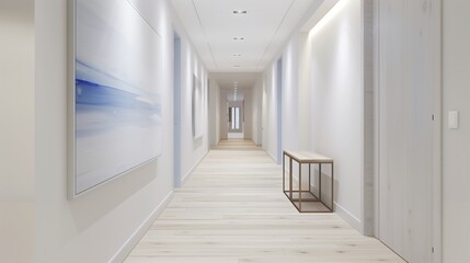 Obraz premium Hallway with white walls, light wooden flooring, and minimalist artwork