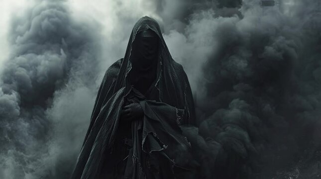 Mysterious figure in black cloak with thick black smoke in background. Dramatic scene depicting a mysterious and shadowy Seamless looping 4k time-lapse virtual video animation background. Generated AI